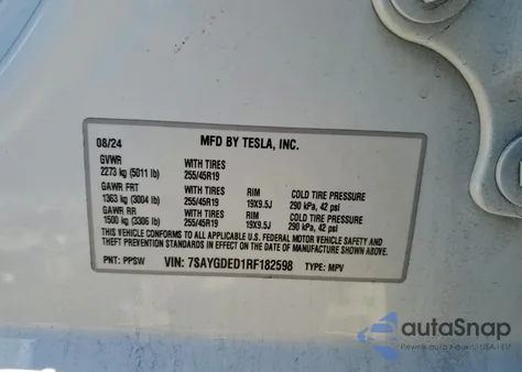 2024 Tesla Model Y from USA, damaged, VIN 7SAYGDED1RF182598